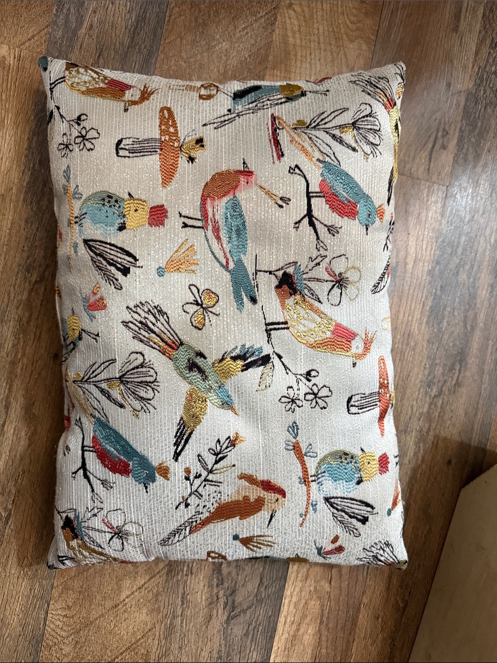 The name of this pillow is tweet tweet little birdie made of tapestry beautifull